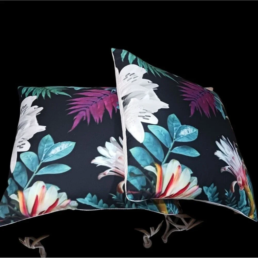 Accent Pillow Covers Decorative Black & Multi Color Floral Design (Set Of 2)